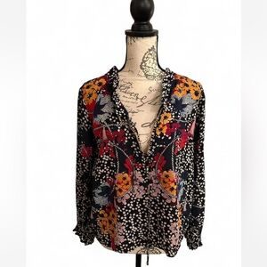 SALONI Floral V-Neck Blouse - Black, Orange, Pink